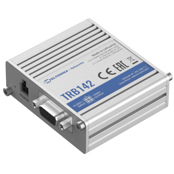 Teltonika TRB142003000 Gateway, 2G/3G/4G LTE (Cat 1), Equipped with RS232 for serial communication | LTE Gateway | TRB142 | No Wi-Fi | Ethernet LAN (RJ-45) ports 0 | Mesh Support No | MU-MiMO No | 2G/3G/4G | Antenna type 1 x SMA for LTE | 1 x Virtual network interface via micro USB