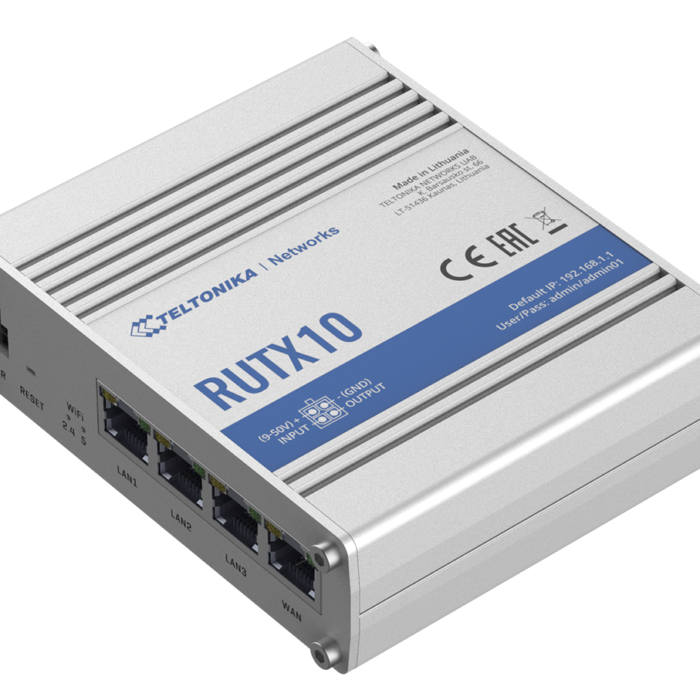 Industrial Router | RUTX10 | 802.11ac | 867 Mbit/s | 10/100/1000 Mbit/s | Ethernet LAN (RJ-45) ports 4 | Mesh Support No | MU-MiMO No | No mobile broadband | 1 | 24 month(s)