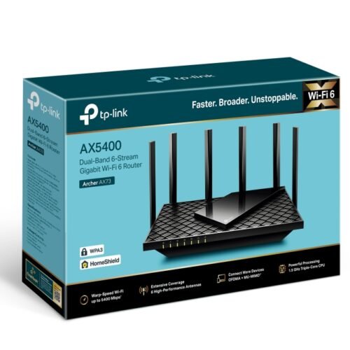 Archer AX73 | 802.11ax | 4804+574 Mbit/s | 10/100/1000 Mbit/s | Ethernet LAN (RJ-45) ports 4 | Mesh Support No | MU-MiMO Yes | No mobile broadband | Antenna type 6xExternal | 1× USB 3.0