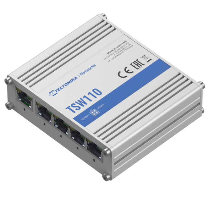 Teltonika | Switch | TSW110 | Unmanaged | Gigabit Ethernet (copper) ports quantity 5 | 10 Gbps (RJ-45) ports quantity 0 | SFP ports quantity 0 | SFP+ ports quantity 0 | Combo ports quantity 0 | PoE+ ports quantity 0 | Passive PoE ports quantity Possibility to power up through LAN port, not compatible with IEEE802.3af, 802.3at and 802.3bt standards | 24 month(s)