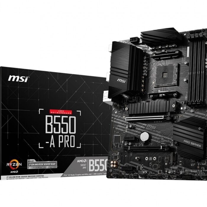 MSI | B550-A PRO | Processor family AMD | Processor socket AM4 | DDR4 DIMM | Memory slots 4 | Supported hard disk drive interfaces SATA, M.2 | Number of SATA connectors 6 | Chipset AMD B550 | ATX