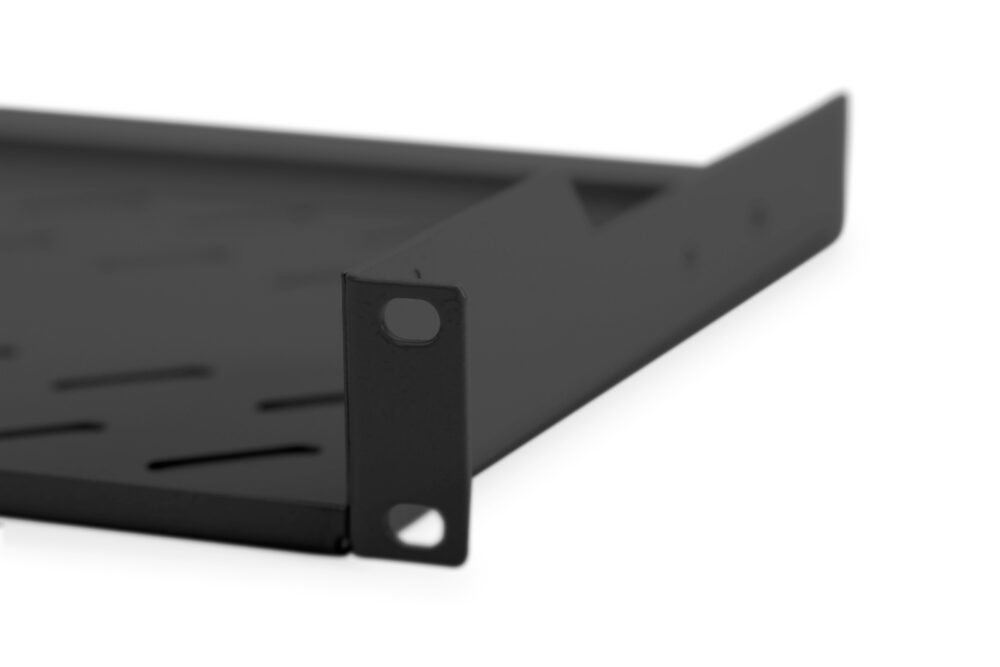 Digitus | Fixed Shelf for Racks | DN-19 TRAY-1-SW | Black | The shelves for fixed mounting can be installed easy on the two front 483 mm (19“) profile rails of your 483 mm (19“) network- or server cabinet. Due to their stable, perforated steel sheet with a high load capacity, they are the optimal surface for components which are not 483 mm (19”) suitable - Image 5