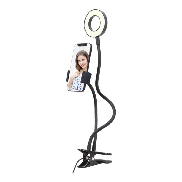Gembird Selfie ring light with phone holder | Gembird | Selfie ring light with phone holder | LED-RING4-PH-01 | ABS + metal | LED ring diameter: 3.5''. Flexible arms for both phone holder & selfie ring. Practical buttons to change light intensity, color (cool/warm) and on/off switch. Brightness: 10 settings
