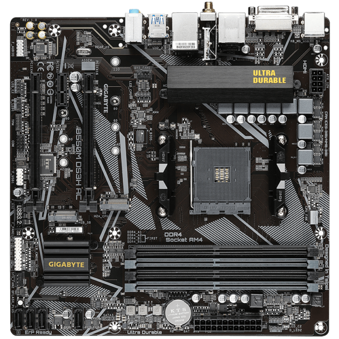 Gigabyte | B550M DS3H AC 1.0/1.1/1.2/1.3/1.5 M/B | Processor family AMD | Processor socket AM4 | DDR4 DIMM | Memory slots 4 | Supported hard disk drive interfaces SATA, M.2 | Number of SATA connectors 4 | Chipset AMD B550 | Micro ATX