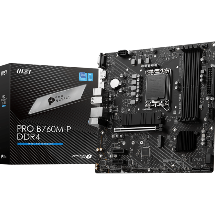 MSI | PRO B760M-P DDR4 | Processor family Intel | Processor socket  LGA1700 | DDR4 DIMM | Memory slots 4 | Supported hard disk drive interfaces 	SATA, M.2 | Number of SATA connectors 4 | Chipset Intel B760 | mATX