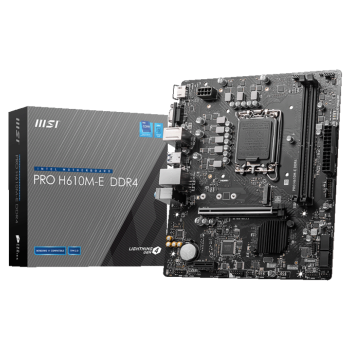 MSI | PRO H610M-E DDR4 | Processor family Intel | Processor socket  LGA1700 | DDR4 DIMM | Memory slots 2 | Supported hard disk drive interfaces 	SATA, M.2 | Number of SATA connectors 4 | Chipset Intel H610 | Mirco-ATX