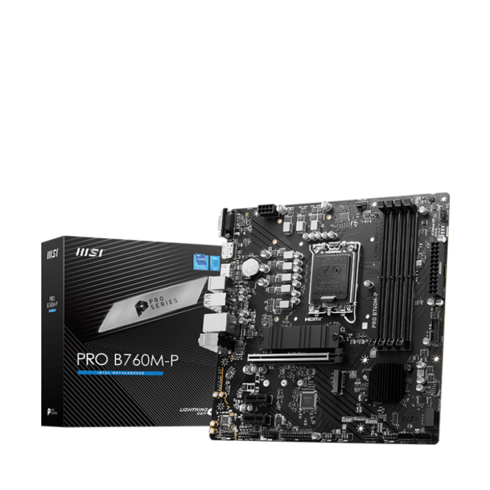 MSI | PRO B760M-P | Processor family Intel | Processor socket  LGA1700 | DDR5 DIMM | Memory slots 4 | Supported hard disk drive interfaces 	SATA, M.2 | Number of SATA connectors 4 | Chipset Intel B760 | mATX