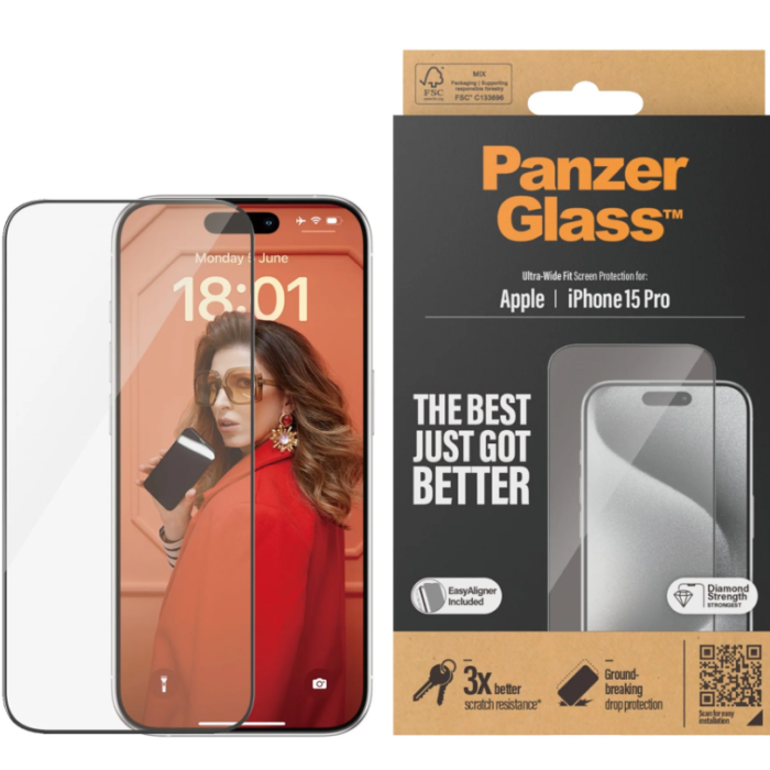 PanzerGlass | Screen protector | Apple | iPhone 15 Pro | Glass | Clear | Easy installation; Fingerprint resistant; Anti-yellowing | Ultra-Wide Fit