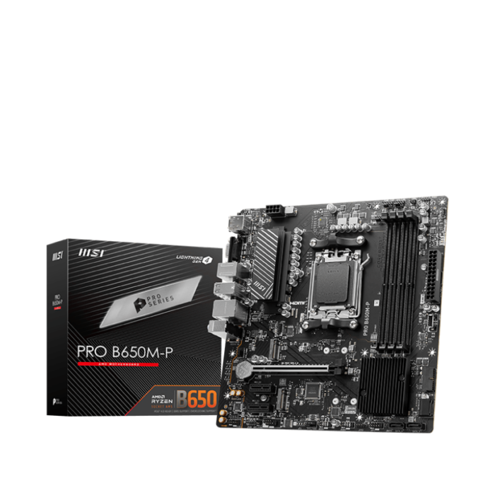MSI | PRO B650M-P | Processor family AMD | Processor socket AM5 | DDR5 | Memory slots 4 | Supported hard disk drive interfaces 	SATA, M.2 | Number of SATA connectors 4 | Chipset AMD B650 | mATX