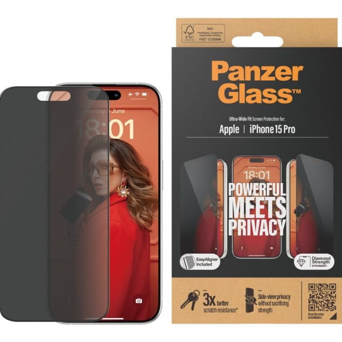 PanzerGlass | Screen protector | Apple | iPhone 15 Pro | Glass | Black | Ultra-Wide Fit w. EasyAligner