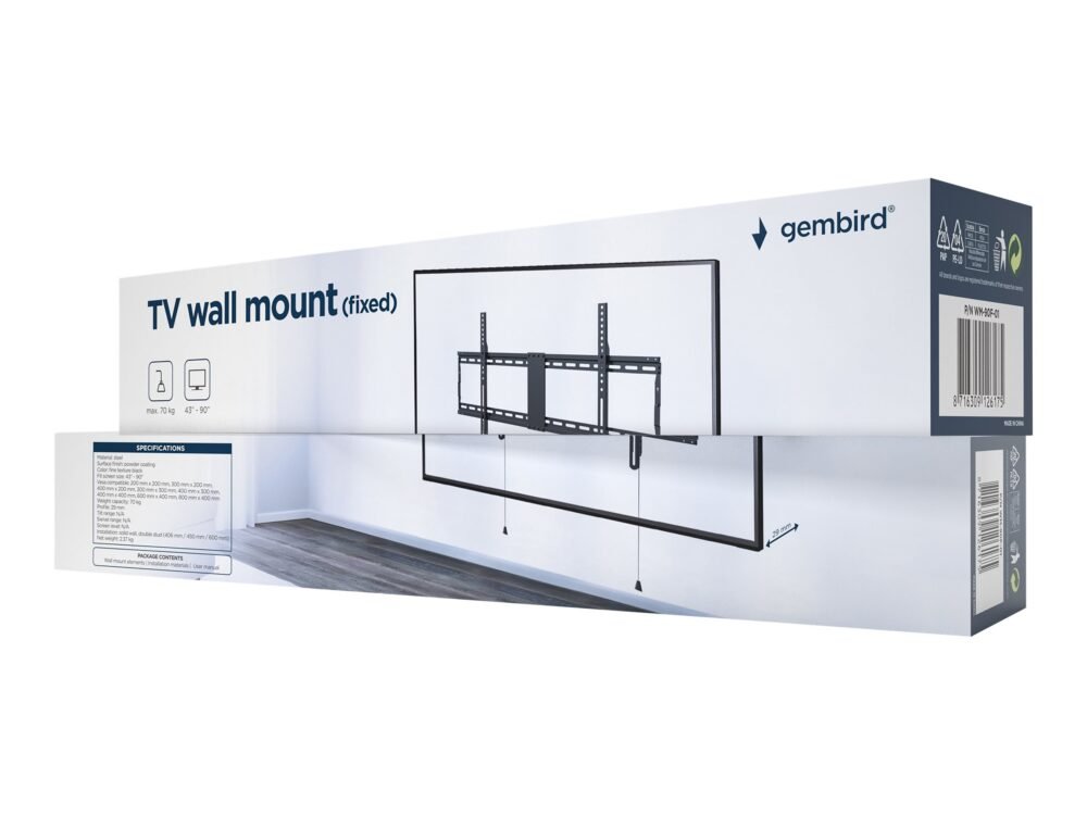 Gembird | Wall mount | Fixed | 43-90 " | Maximum weight (capacity) 70 kg | Black - Image 2