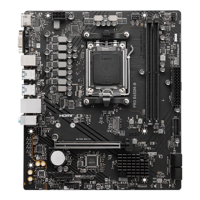 MSI | PRO B650M-B | Processor family AMD | Processor socket AM5 | DDR5 | Supported hard disk drive interfaces M.2, SATA | Number of SATA connectors 4