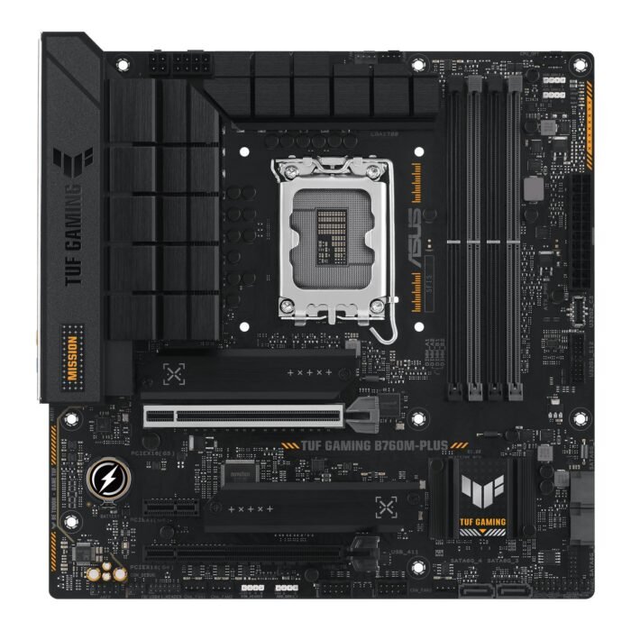 ASUS TUF GAMING B760M-PLUS | Asus | Processor family Intel B760 | Processor socket 1 x LGA1700 Socket | 4 DIMM slots - DDR5, non-ECC, on-die ECC, unbuffered | Supported hard disk drive interfaces SATA-600 (RAID), 2 x M.2 | Number of SATA connectors 4