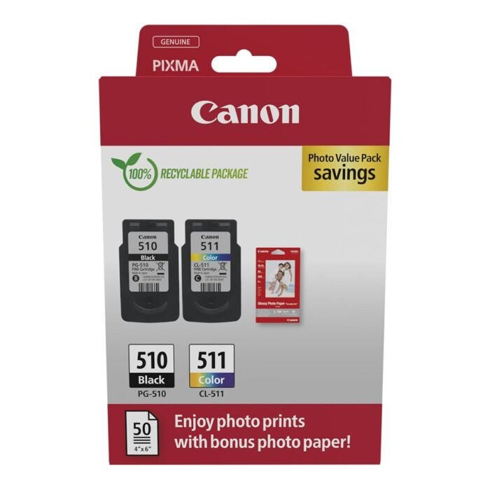 Canon Ink Cartridge + Photo Paper Value Pack | PG-510/CL-511 | Ink cartridge/Paper kit | Colour (cyan, magenta, yellow)
