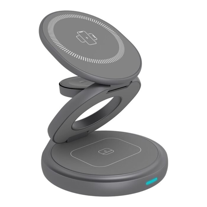 Raidsonic 3 in 1 foldable magnetic charging stand for mobile phone, earpods and smartwatch, Aluminium | Icy Box IB-SH101-CH