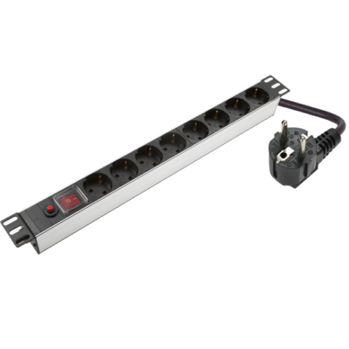 SOMI Networks | 1U, 19″, 8x Schuko Aluminium PDU Power Panel | PDU08SASO | Silver | With Switch and Surge Protector; Schuko Input; Cord 1.8m