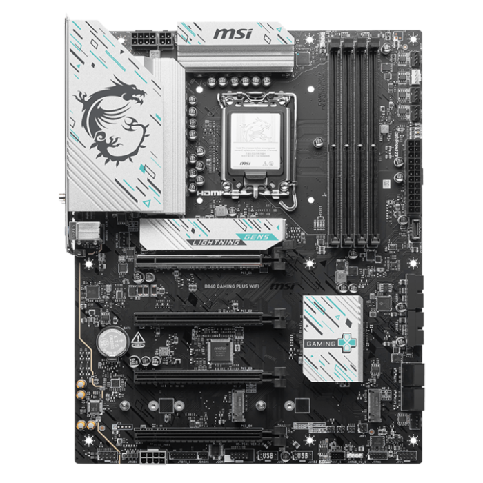 MSI B860 GAMING PLUS WIFI | Processor family Intel | Processor socket LGA1851 | DDR5 | Supported hard disk drive interfaces SATA, M.2 | Number of SATA connectors 4