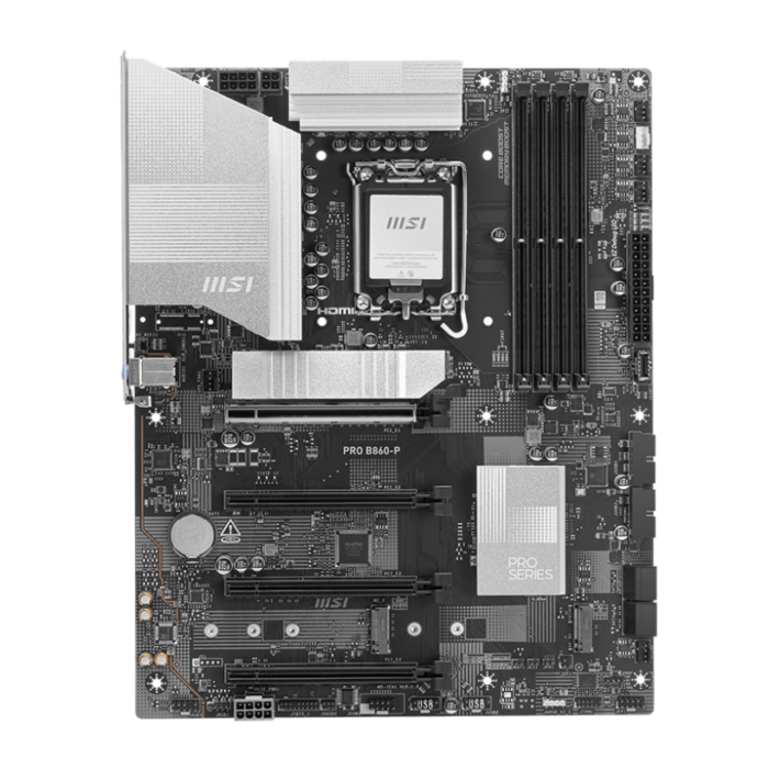 MSI PRO B860-P | Processor family Intel | Processor socket LGA1851 | DDR5 | Supported hard disk drive interfaces SATA, M.2 | Number of SATA connectors 4