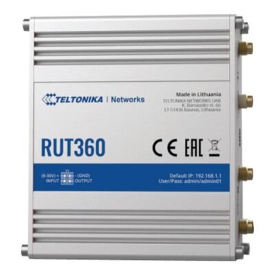 Industrial Cellular Router | RUT360 LTE CAT6 | 1 x LAN ports, 10/100 Mbps, compliance with IEEE 802.3, IEEE 802.3u standards, supports auto MDI/MDIX crossover Mbit/s | Ethernet LAN (RJ-45) ports 2 x RJ45 ports, 10/100 Mbps | Mesh Support No | MU-MiMO Yes | 3G/4G data sharing | Antenna type 2 x SMA for LTE, 2 x RP-SMA for WiFi