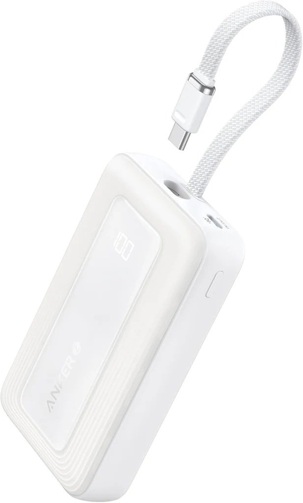 Anker Power Bank, Built-In USB-C Cable, 30W | A1688H21 | 10000 mAh | White
