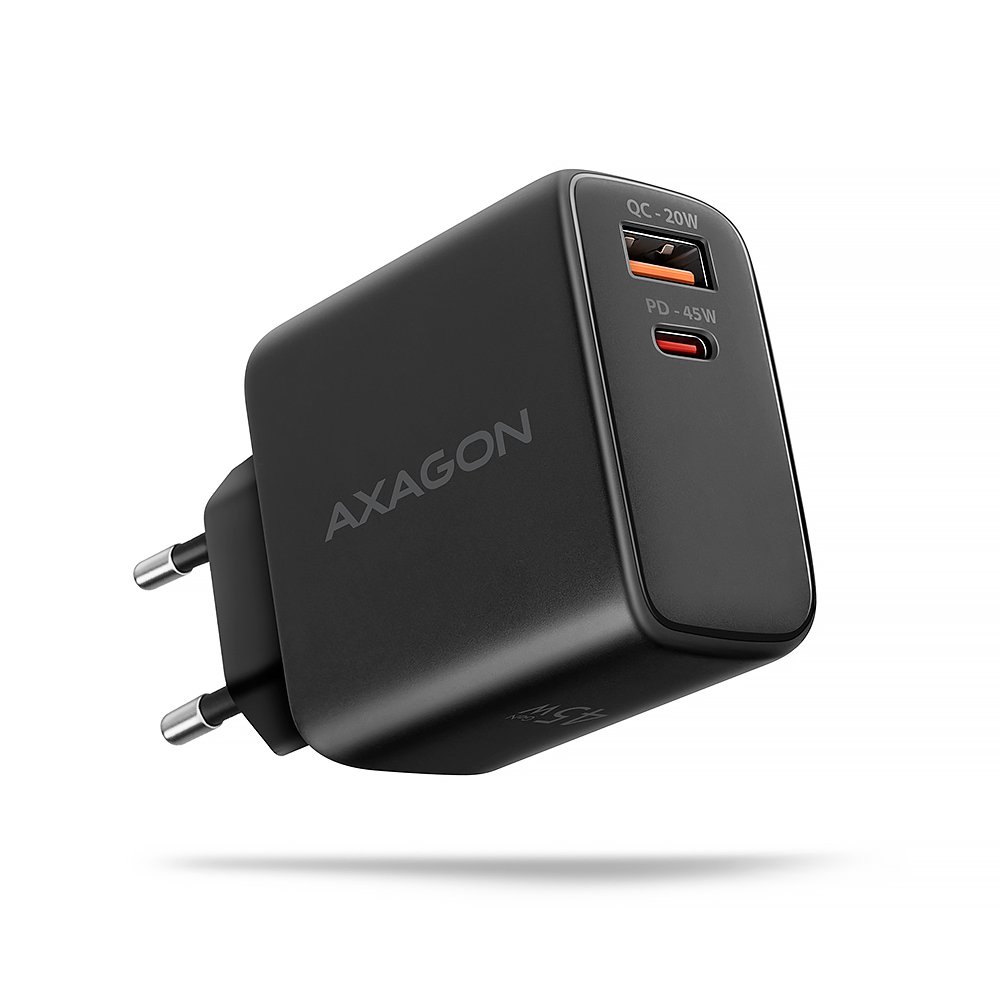 AXAGON GaN wallcharger 2x port (USB-A + USB-C), PD3.0/PPS/QC4+/SFC2.0/AFC/SCP/FCP/Apple, 45W | ACU-PQ45