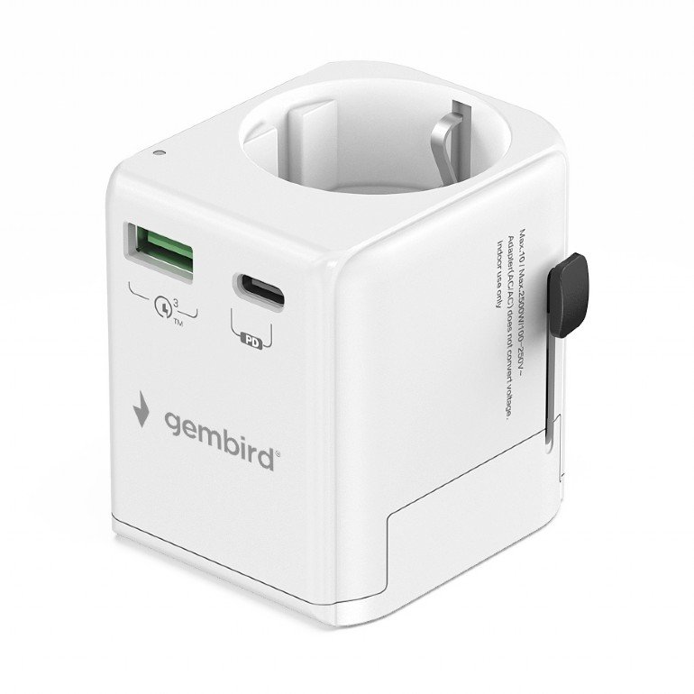 Gembird Grounded universal travel power adapter, 20 W | TPA-EU1A1C20-01-W