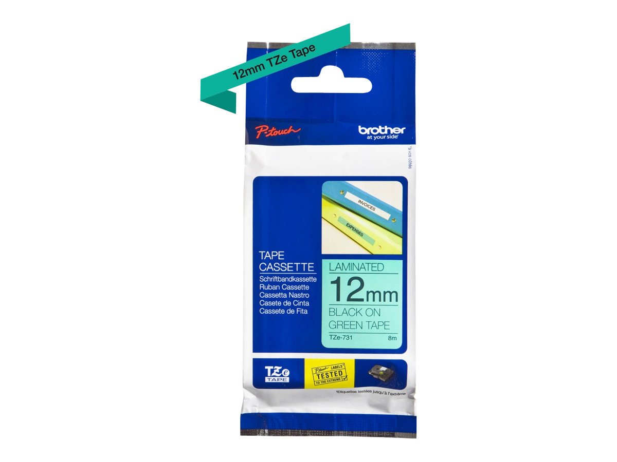 Brother | TZe-731 Laminated Tape | Black on Green | TZe | 8 m | 1.2 cm