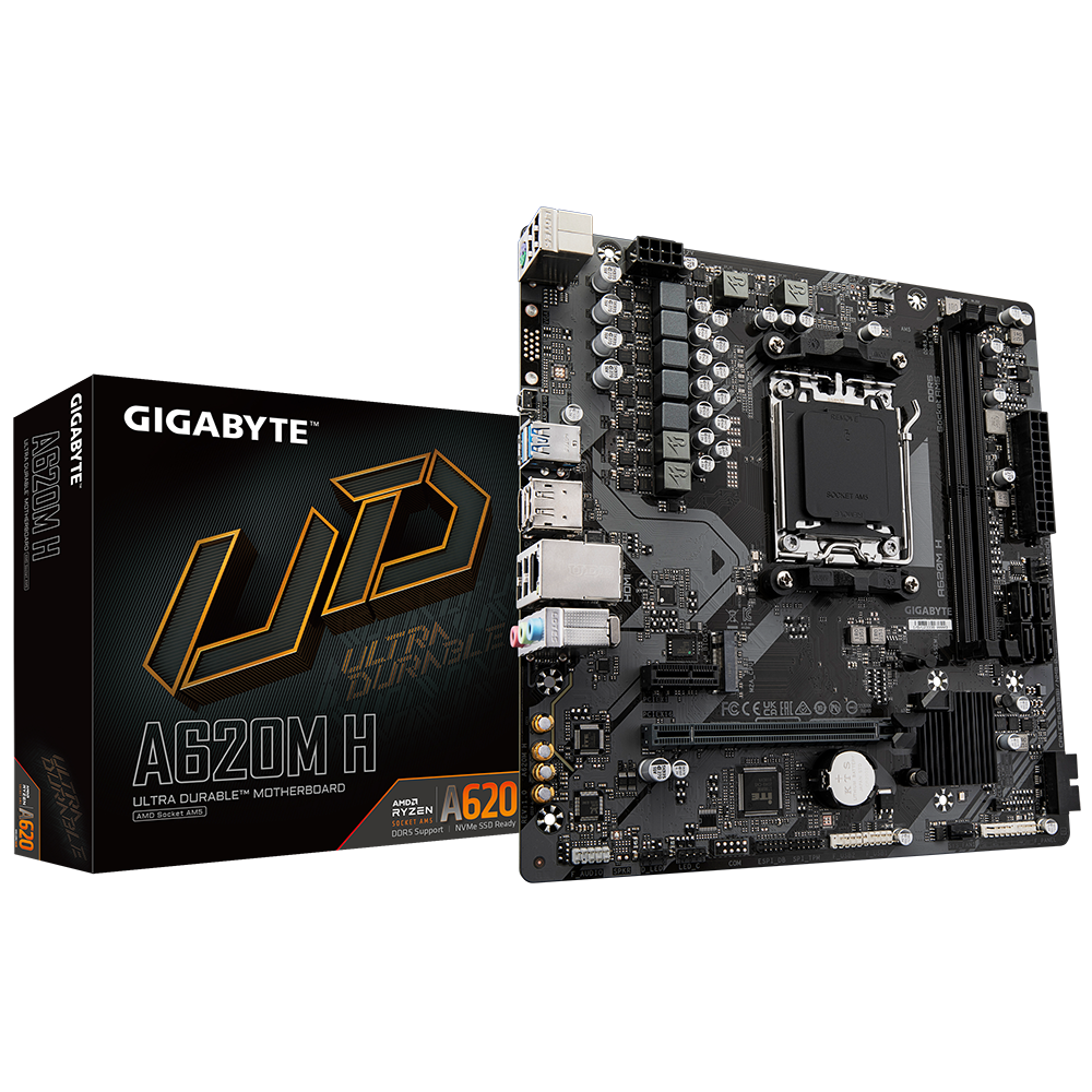 Gigabyte | A620M H 1.0 M/B | Processor family AMD | Processor socket AM5 | DDR5 DIMM | Memory slots 2 | Supported hard disk drive interfaces SATA, M.2 | Number of SATA connectors 4 | Chipset AMD A620 | Micro ATX