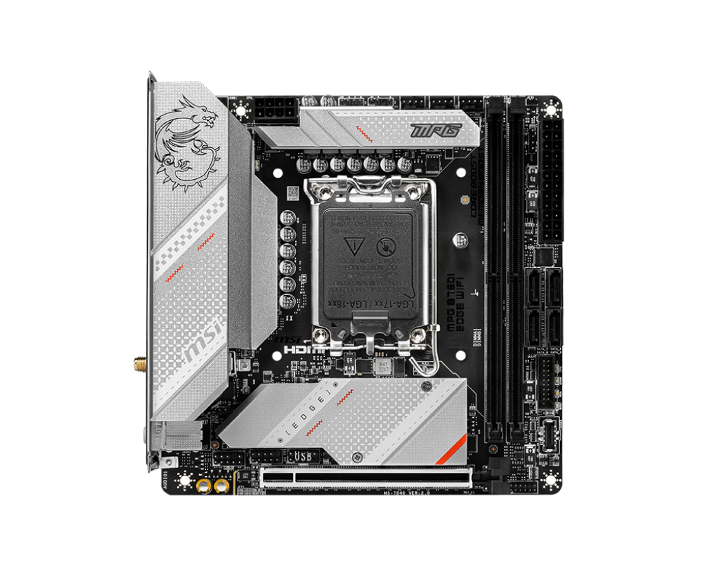 MSI | MPG B760I EDGE WIFI | Processor family Intel | Processor socket  LGA1700 | DDR5 DIMM | Memory slots 2 | Supported hard disk drive interfaces SATA, M.2 | Number of SATA connectors 4 | Chipset Intel B760 | Mini-ITX