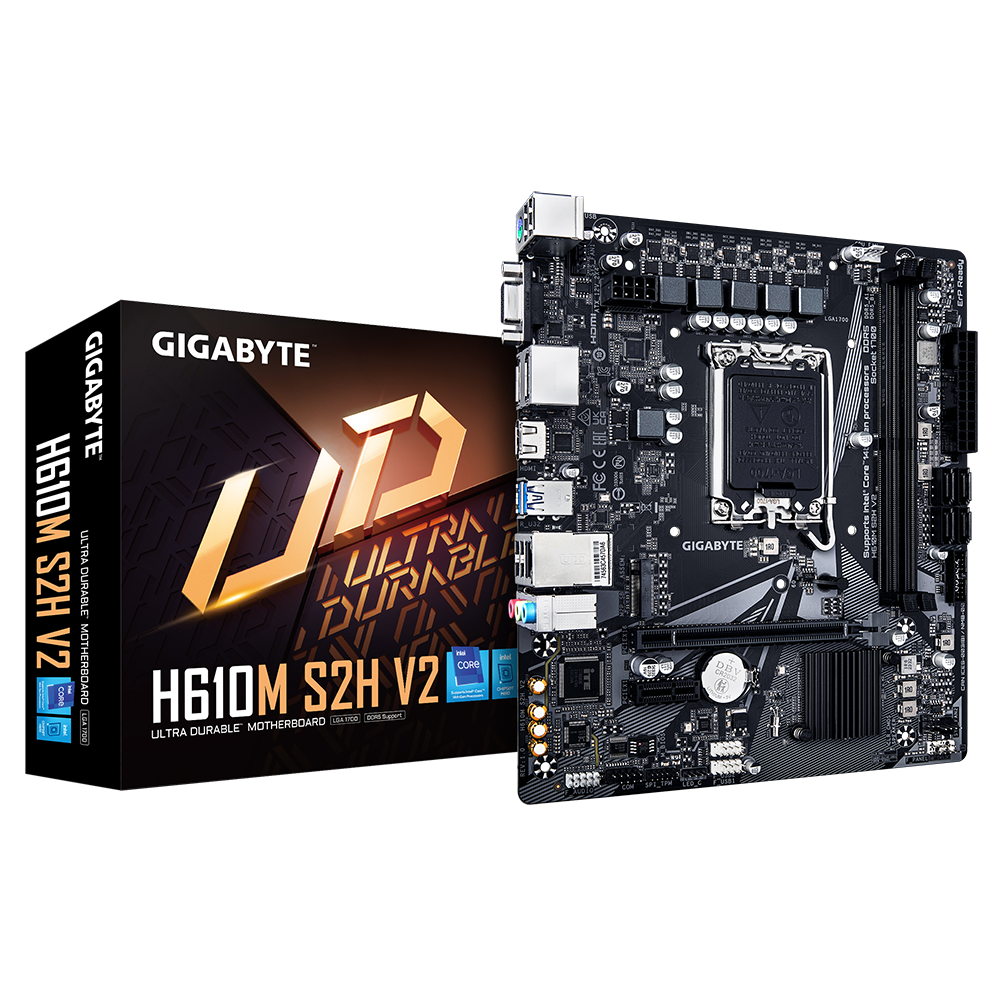 Gigabyte | H610M S2H V2 1.0 | Processor family Intel | Processor socket LGA1700 | DDR5 DIMM | Supported hard disk drive interfaces M.2, SATA | Number of SATA connectors 4