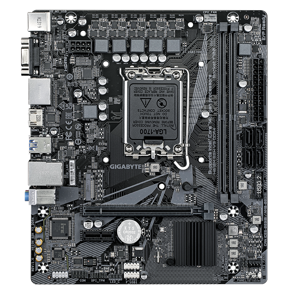 Gigabyte | H610M S2H V3 DDR4 G1.0 | Processor family Intel | Processor socket LGA1700 | DDR4 | Supported hard disk drive interfaces SATA, M.2 | Number of SATA connectors 4