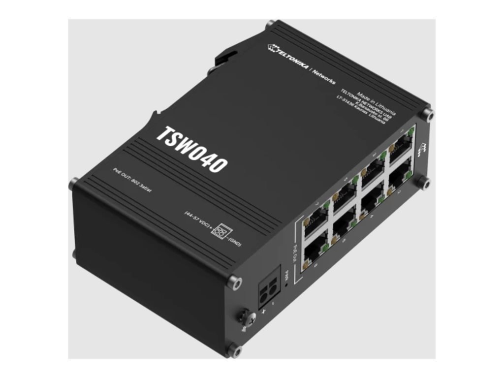Teltonika Industrial Switch | TSW040 | Unmanaged | DIN rail mountable | 10/100 Mbps (RJ-45) ports quantity 8 | PoE+ ports quantity 8 | Power supply type 2-pin industrial DC power socket