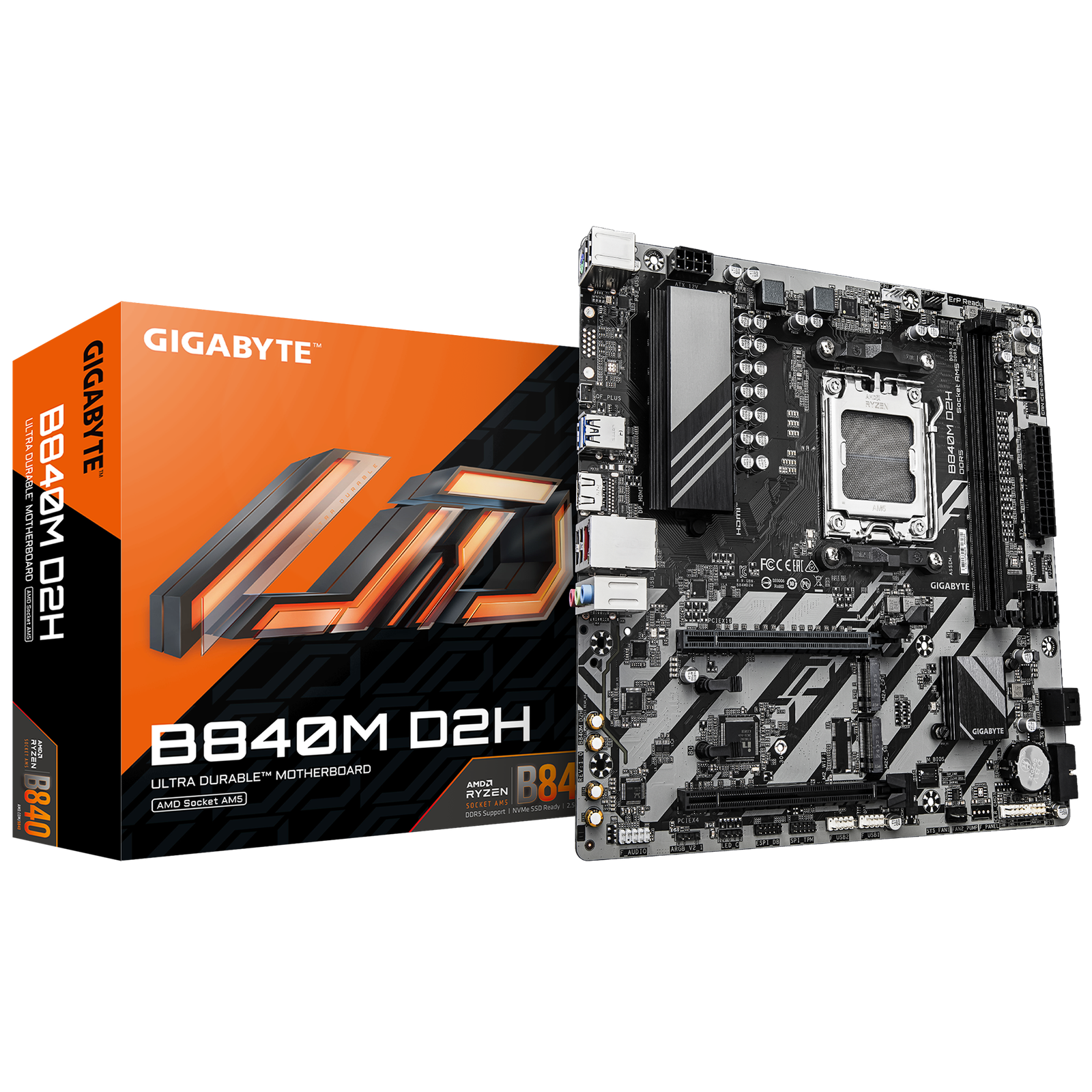 Gigabyte B840M D2H | Processor family AMD | Processor socket AM5 | DDR5 | Supported hard disk drive interfaces SATA, M.2 | Number of SATA connectors 4