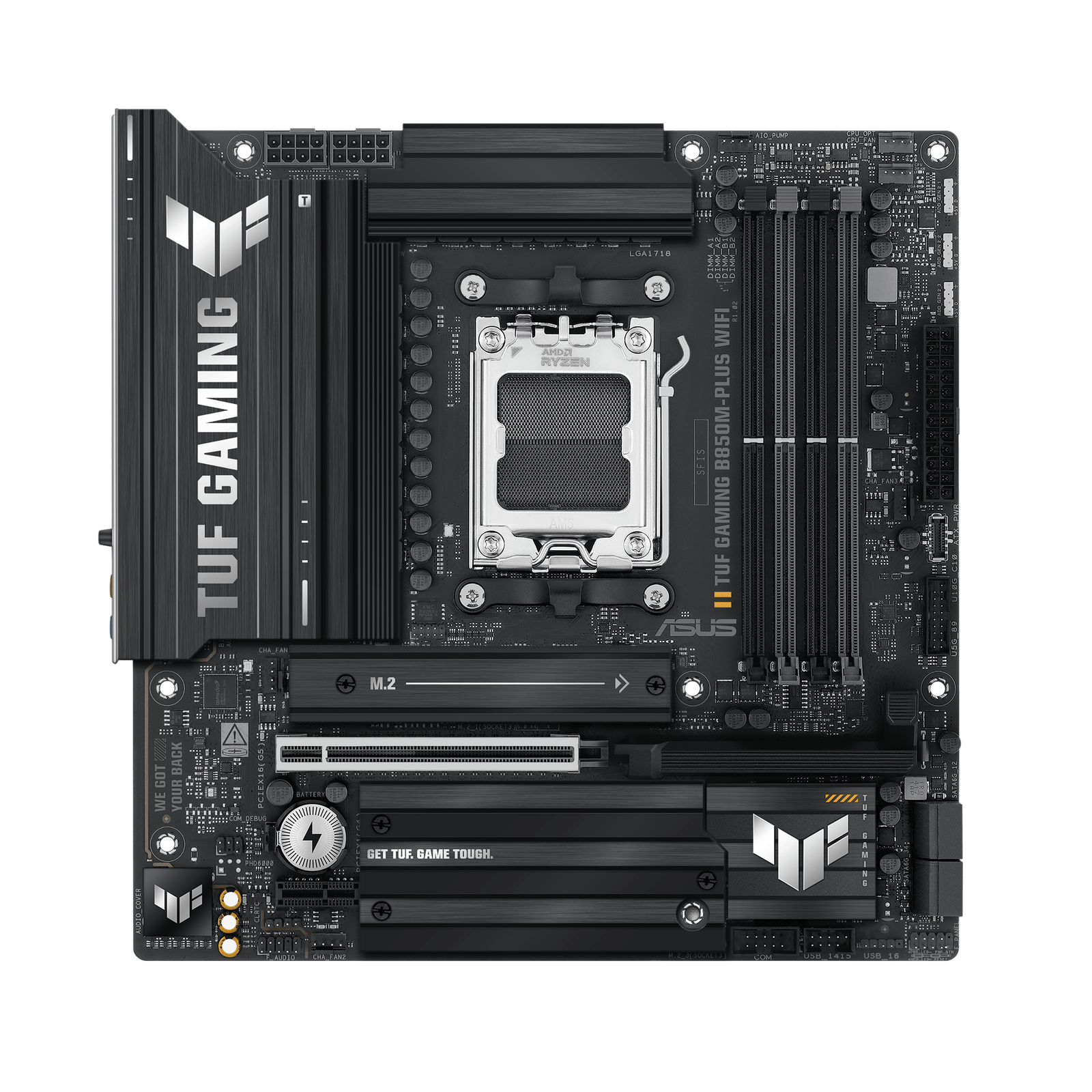 Asus TUF GAMING B850M-PLUS WIFI | Processor family AMD | Processor socket AM5 | DDR5 | Supported hard disk drive interfaces M.2, SATA | Number of SATA connectors 4