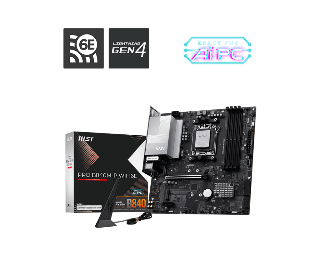 MSI PRO B840M-P WIFI6E | Processor family AMD | Processor socket AM5 | DDR5 | Supported hard disk drive interfaces SATA, M.2 | Number of SATA connectors 4