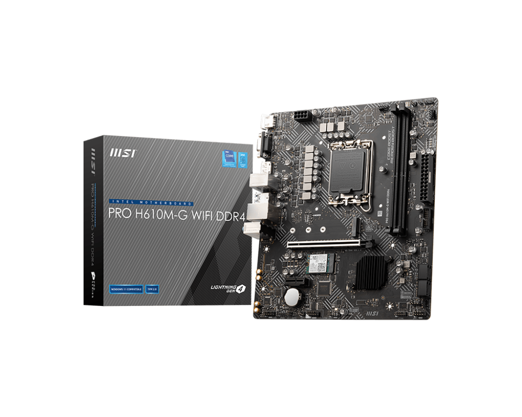 MSI PRO H610M-G WIFI DDR4 | Processor family Intel | Processor socket LGA1700 | DDR4 | Supported hard disk drive interfaces SATA, M.2 | Number of SATA connectors 4
