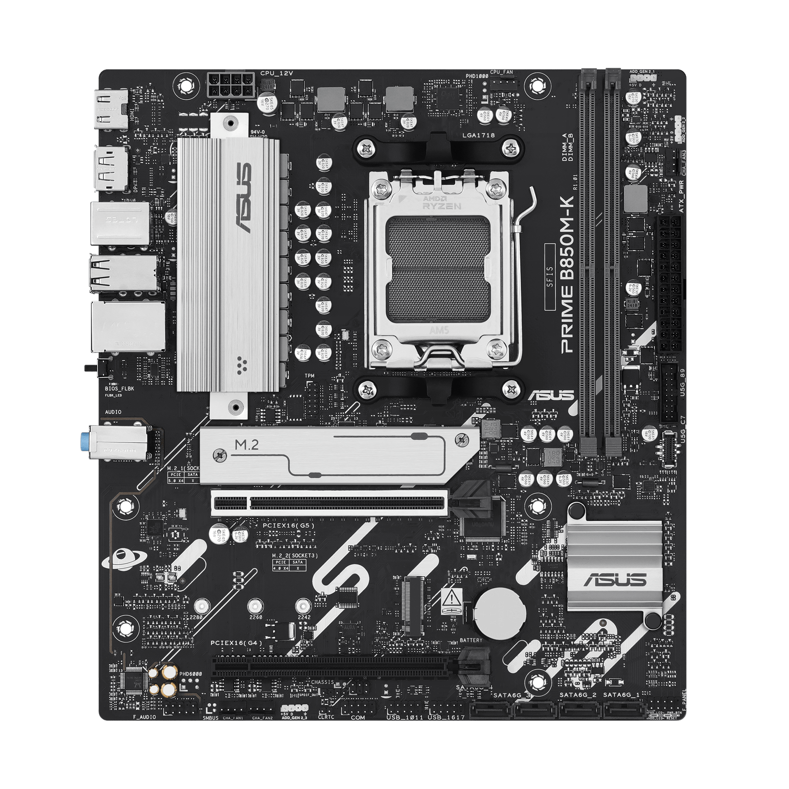 Asus PRIME B850M-K | Processor family AMD | Processor socket AM5 | DDR5 | Supported hard disk drive interfaces SATA, M.2 | Number of SATA connectors 4