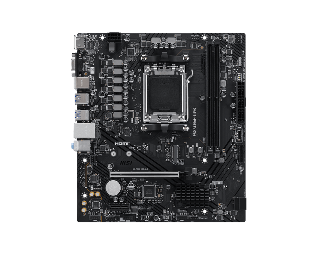 MSI PRO A620AM-B EVO | Processor family AMD | Processor socket AM5 | DDR5 | Supported hard disk drive interfaces SATA, M.2 | Number of SATA connectors 2