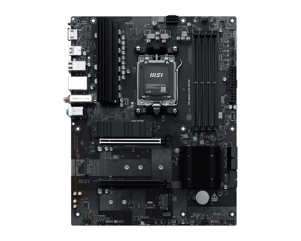 PRO B840-S EVO WIFI6E | MSI Processor family AMD | Processor socket AM5 | Supported hard disk drive interfaces SATA, M.2 | Number of SATA connectors 4