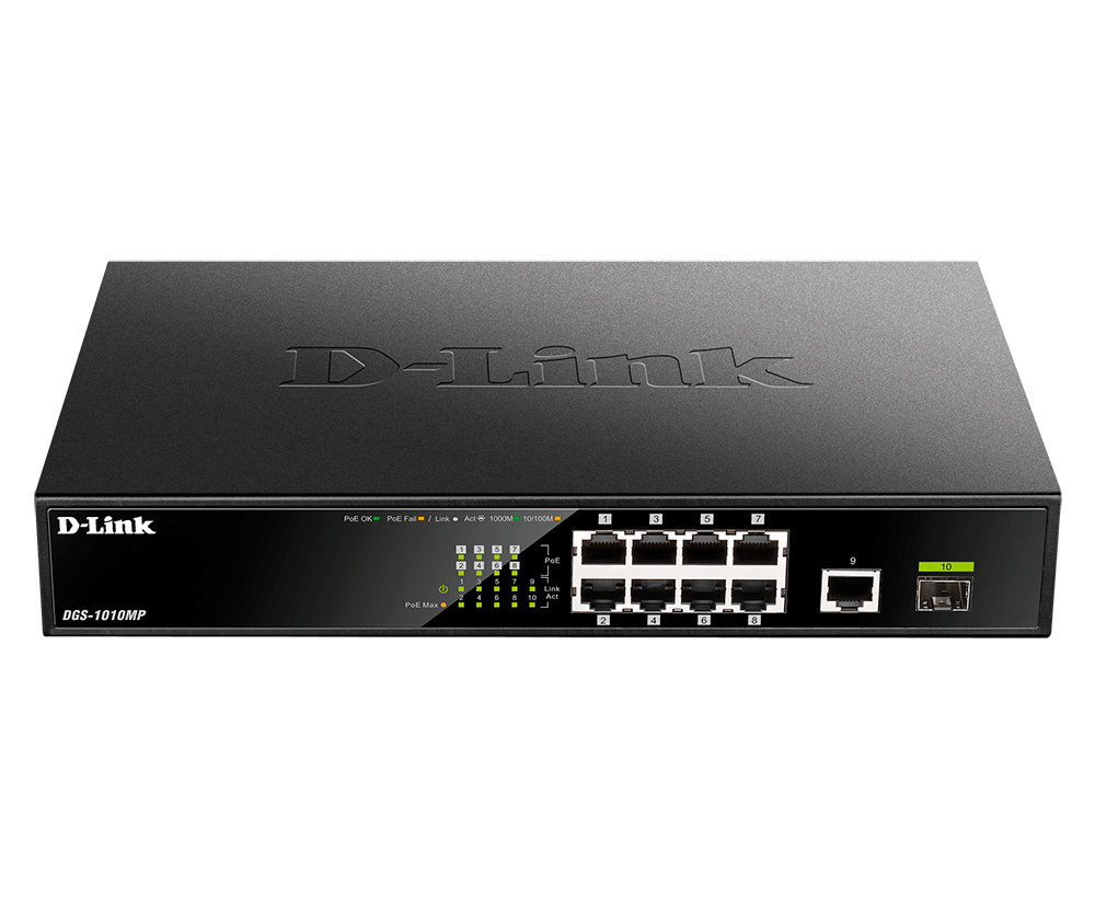 D-Link | 10 Gigabit port Switch with PoE | DGS-1010MP | Unmanaged | Desktop / Rackmount | Gigabit Ethernet (copper) ports quantity 1 | SFP ports quantity 1 | Power over Ethernet (PoE) ports quantity 8