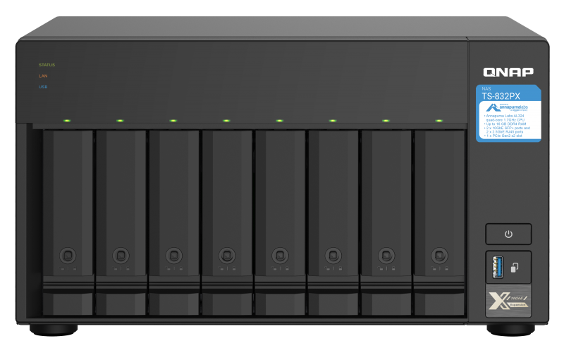 QNAP | 8-Bay QTS NAS | TS-832PX-4G | Up to 8 HDD/SSD Hot-Swap | AnnapurnaLabs Alpine | AL324 ARM Cortex-A57 Quad-Core | Processor frequency 1.7 GHz | 4 GB | DDR4