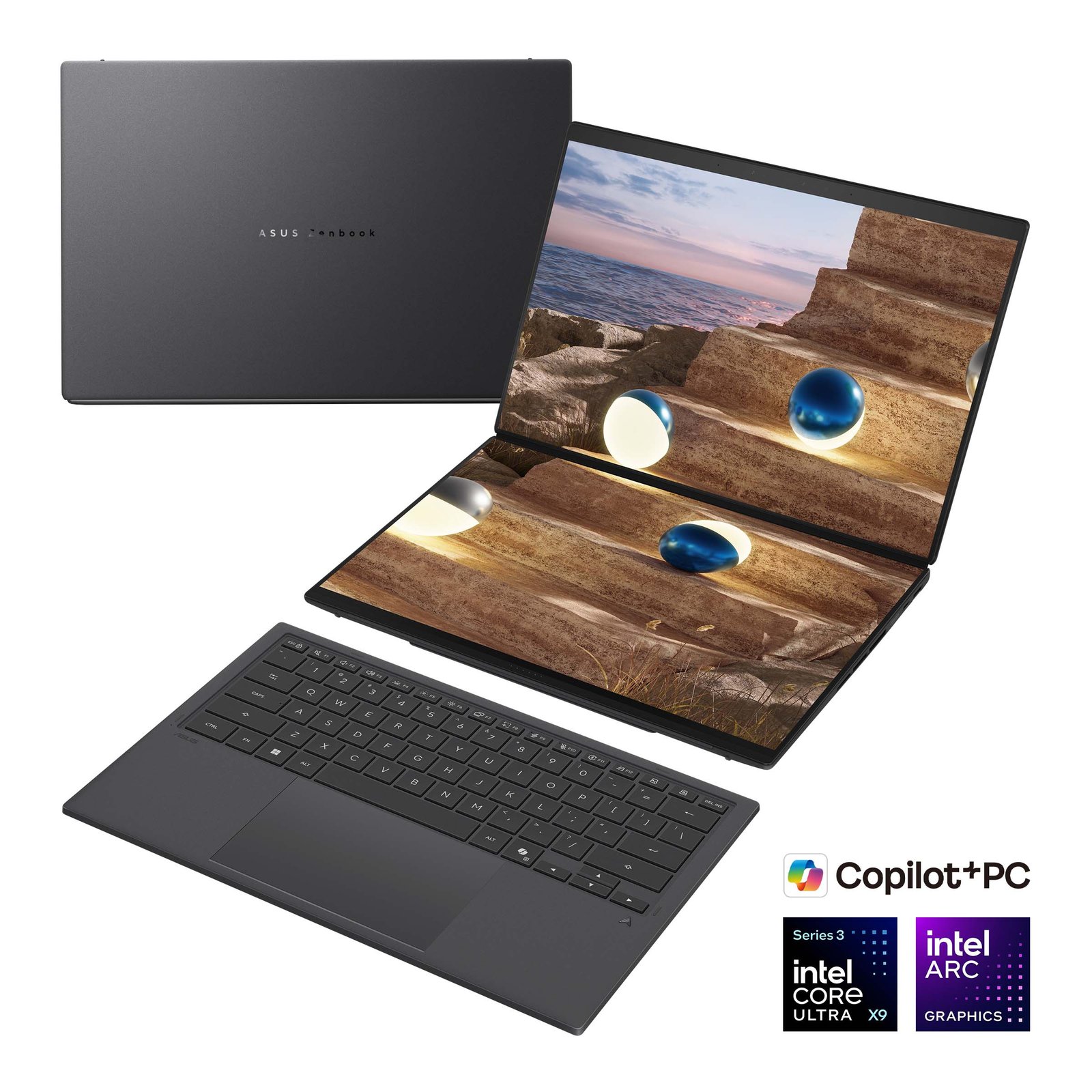 Asus | Zenbook Duo UX8407AA-SN066W | Moher Gray | 14 " | OLED | Touchscreen | 2.8K | 2880 x 1800 pixels | 144 Hz | Anti-Reflective | Intel Core Ultra X9 | 378H | 32 GB | LPDDR5X | Solid-state drive capacity 2000 GB | Intel Arc Graphics | Windows 11 Pro | 802.11be | Bluetooth version 5.4 | Keyboard language US international | Keyboard backlit | Warranty 24 month(s) | Battery warranty 12 month(s)