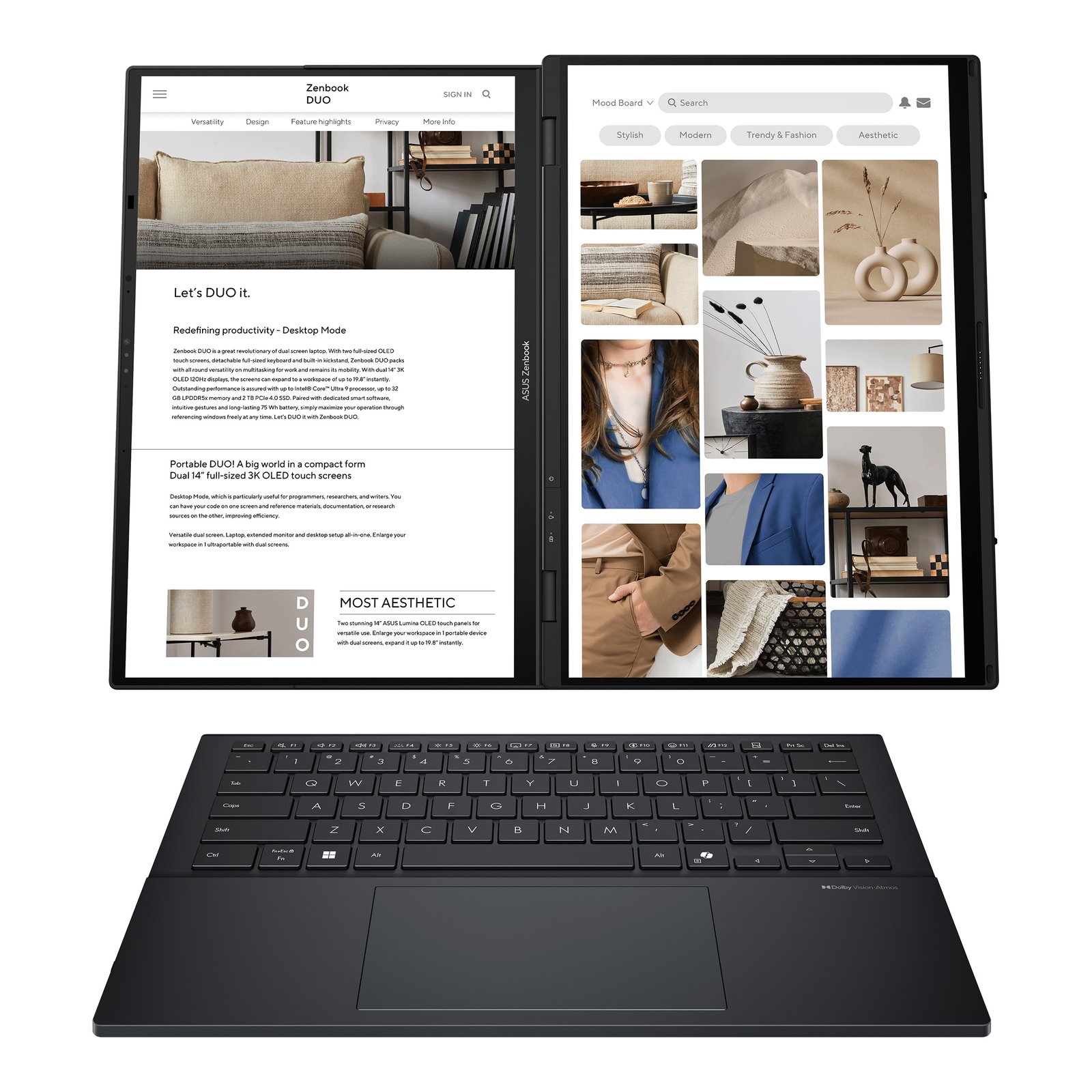 Asus | Zenbook Duo UX8406CA-QL287W | Inkwell Gray | 14 " | OLED | Touchscreen | FHD | 1920 x 1200 pixels | Intel Core Ultra 7 | 255H | 16 GB | LPDDR5X | Solid-state drive capacity 1000 GB | Intel Arc Graphics | Windows 11 Home | 802.11be | Bluetooth version 5.4 | Keyboard language US international | Keyboard backlit | Warranty 24 month(s) | Battery warranty 12 month(s)