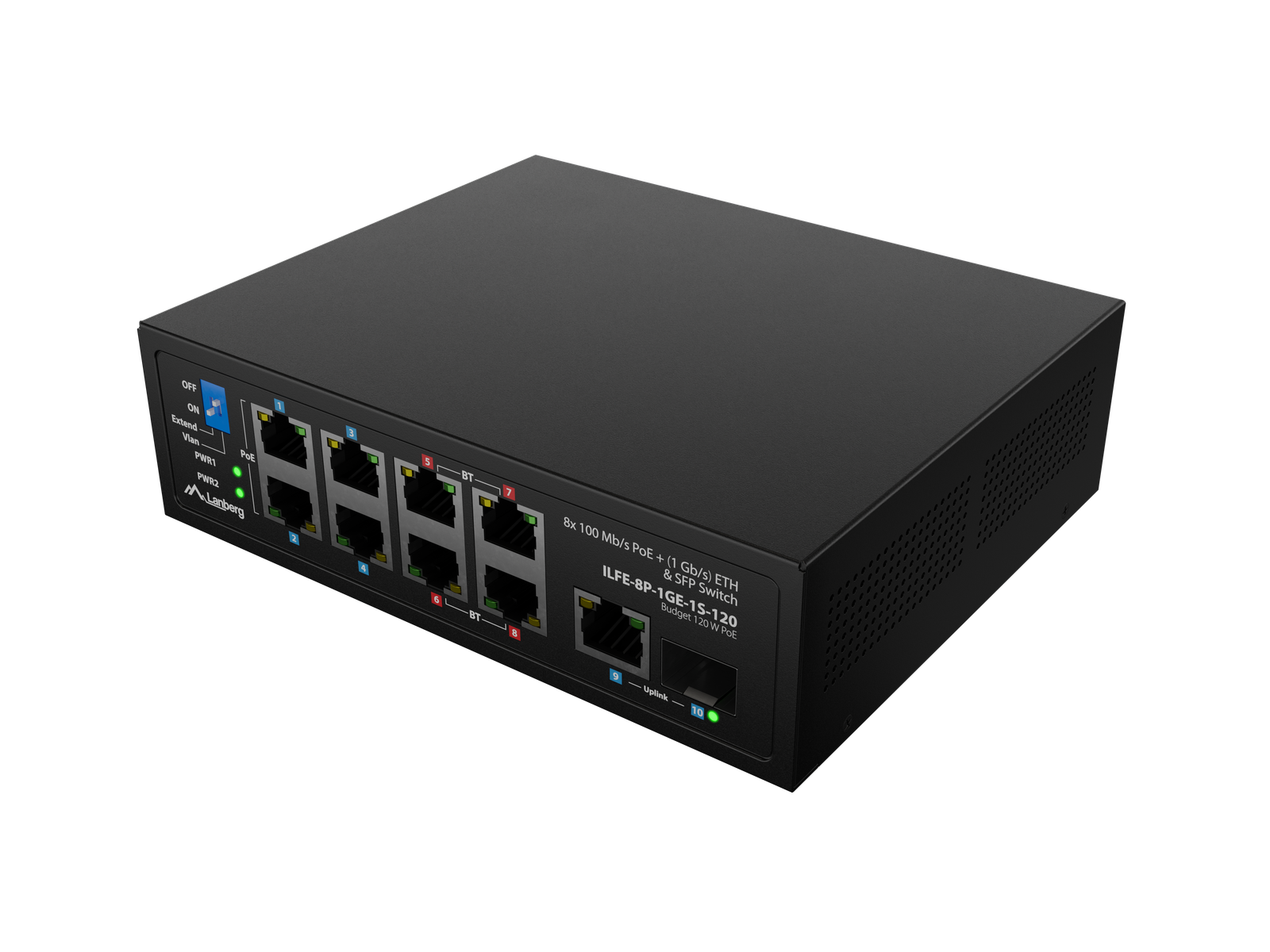 Lanberg Switch PoE 4xBT 4xAT SFP/ETH Din Unmanagment Fast Ethernet | ILFE-8P-1GE-1S-120 | Unmanaged | Din rail, Rack