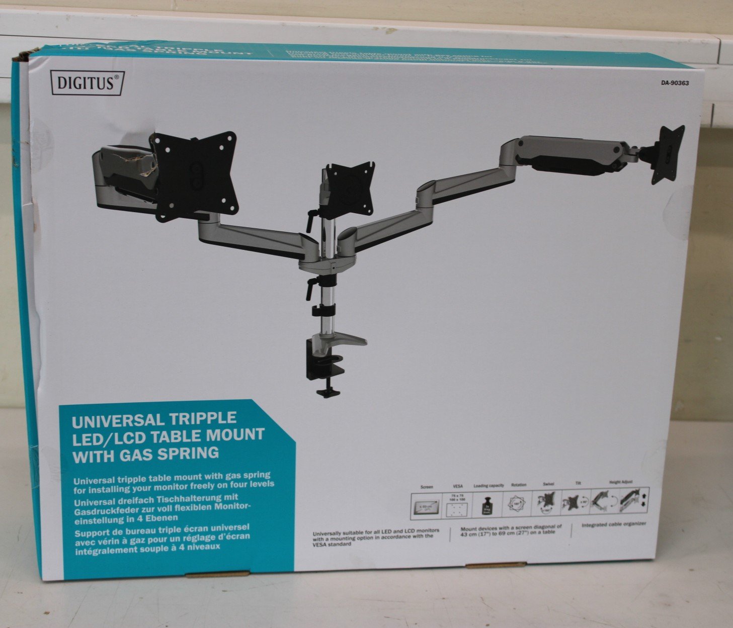 SALE OUT. DIGITUS Triple monitor mount, 3x 27", 3x 6 kg | Digitus Desk Mount | Triple Monitor Gas Spring Mount DA-90363 | Adjustable Height, Tilt, Swivel | 15-27 " | Maximum weight (capacity) 3x6 kg | DAMAGED PACKAGING | Silver