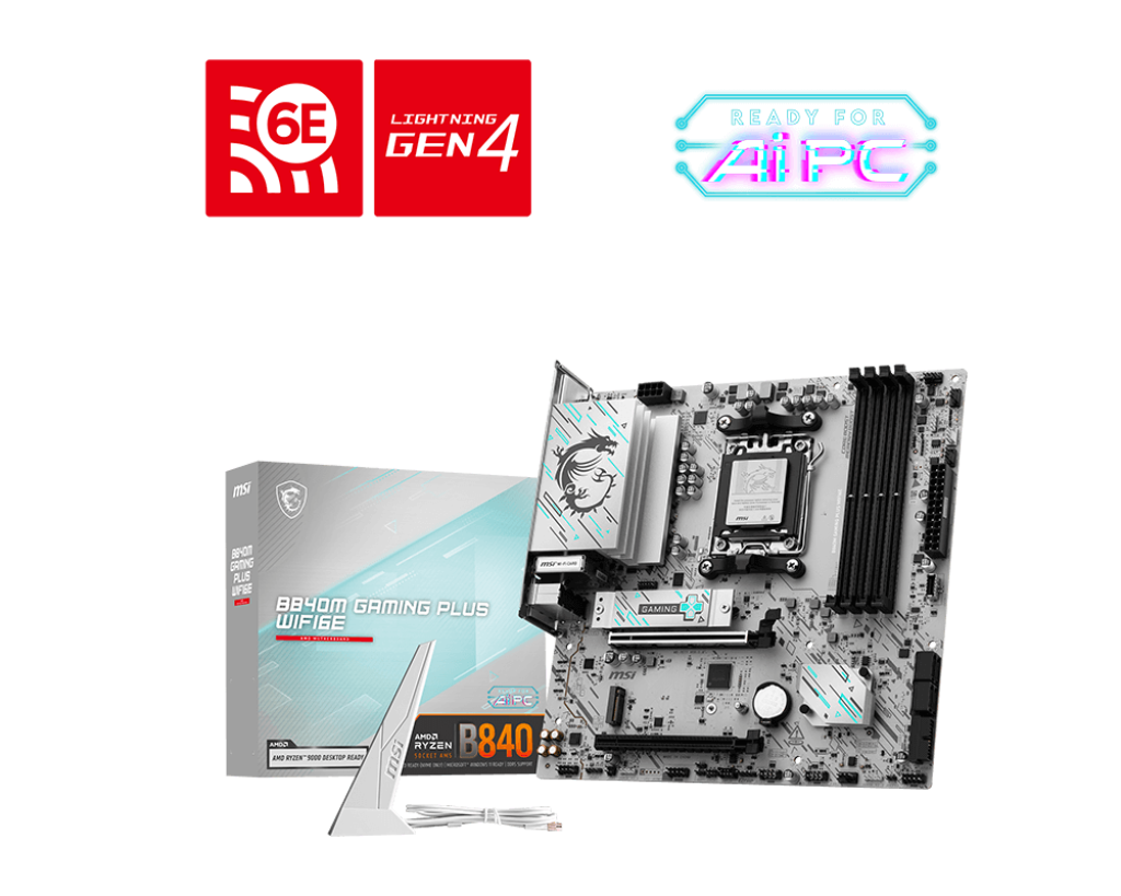 MSI B840M GAMING PLUS WIFI6E | Processor family AMD | Processor socket AM5 | DDR5 | Supported hard disk drive interfaces SATA, M.2 | Number of SATA connectors 4