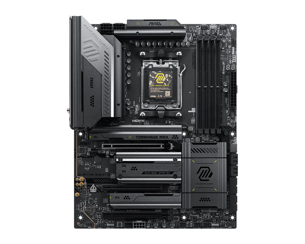MSI MAG X870E TOMAHAWK MAX WIFI | Processor family AMD | Processor socket AM5 | DDR5 | Supported hard disk drive interfaces SATA, M.2 | Number of SATA connectors 4