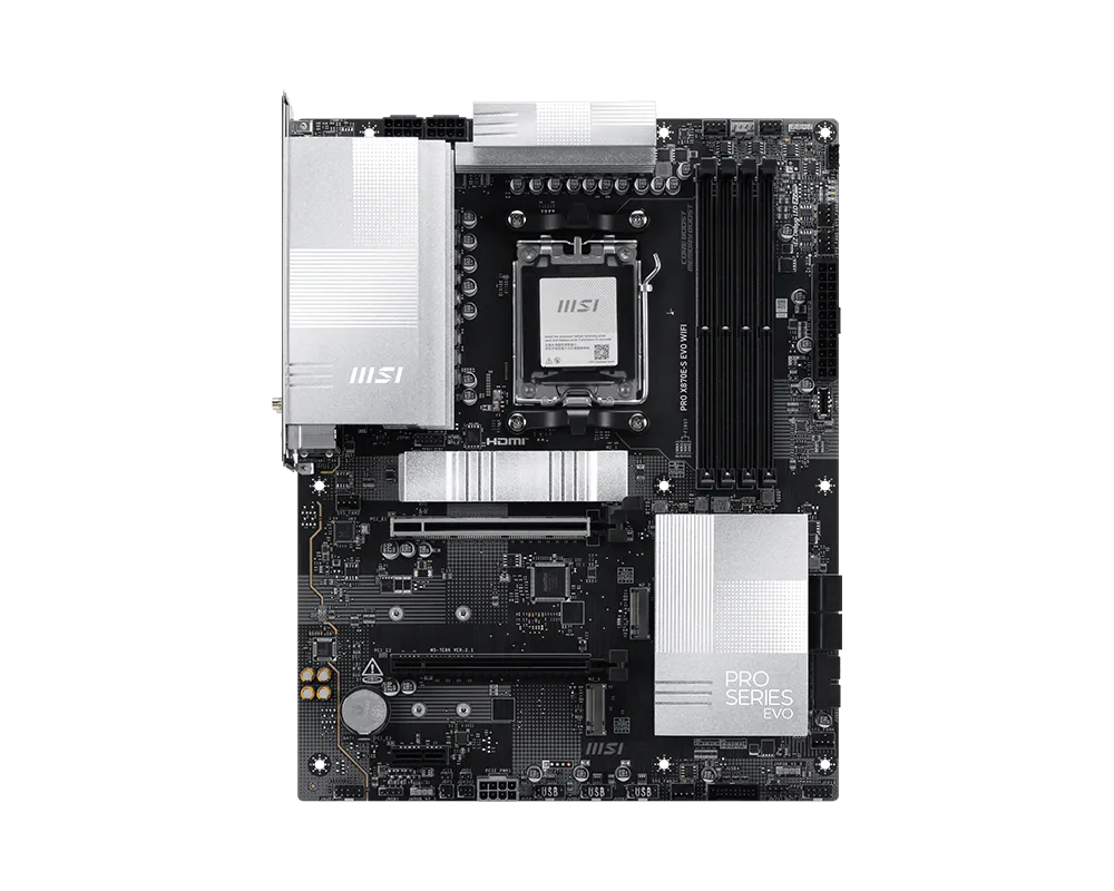 MSI PRO X870E-S EVO WIFI | Processor family AMD | Processor socket AM5 | DDR5 | Supported hard disk drive interfaces SATA, M.2 | Number of SATA connectors 4