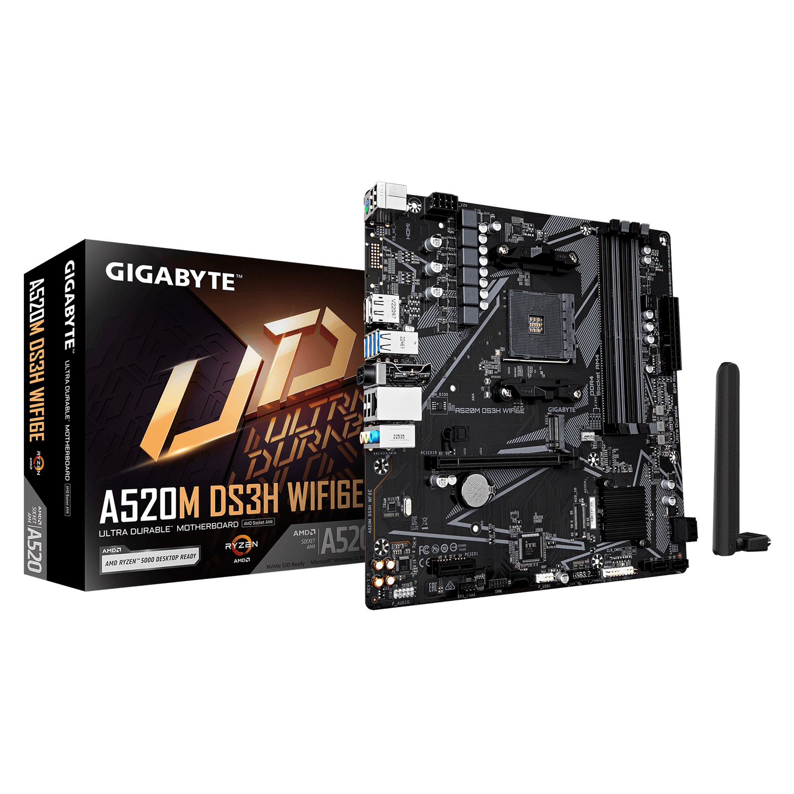 Gigabyte A520M DS3H WIFI6E | Processor family AMD | Processor socket AM4 | DDR4 | Supported hard disk drive interfaces SATA, M.2 | Number of SATA connectors 4