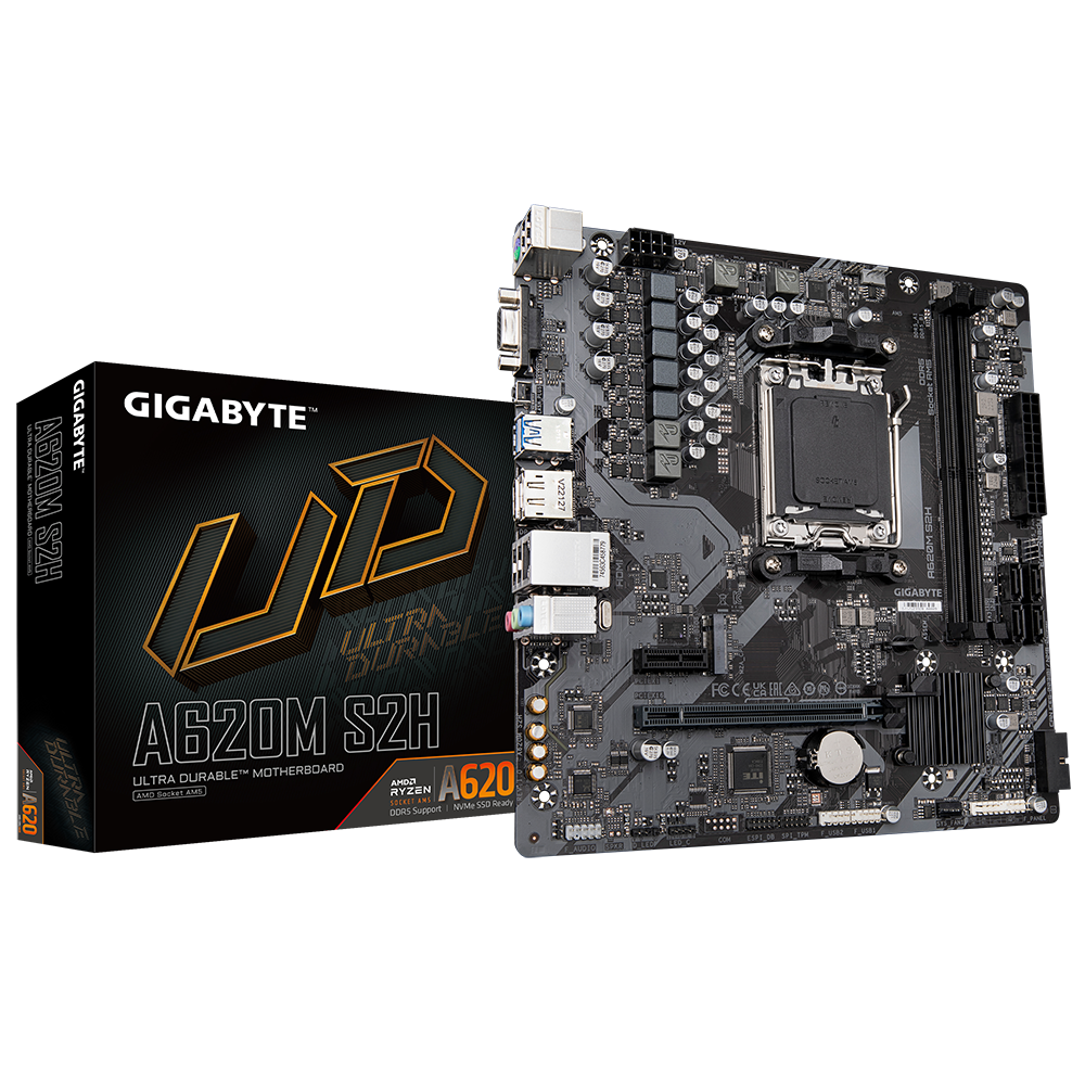 Gigabyte | A620M S2H 1.0 M/B | Processor family AMD | Processor socket AM5 | DDR5 DIMM | Memory slots 2 | Supported hard disk drive interfaces 	SATA, M.2 | Number of SATA connectors 4 | Chipset AMD A620 | Micro ATX